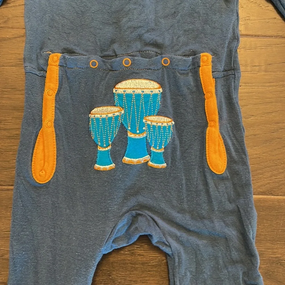 Kickee Pants bamboo blue zip romper with drums size 12-18 months